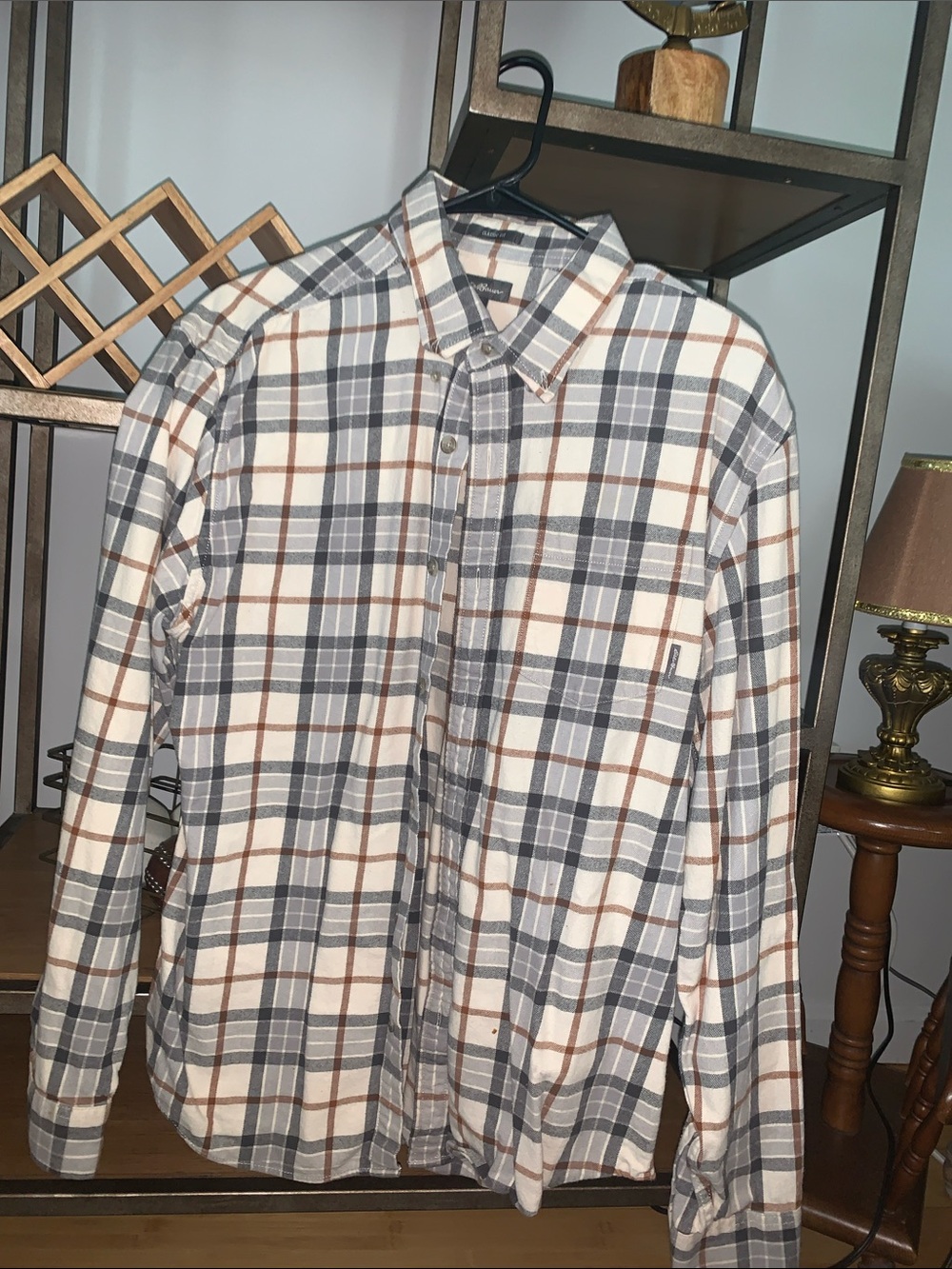 Eddie Bauer Plaid Button-Down Shirt in Gray, Brown & Cream